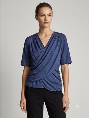 Blue Crisscross Drape Front Short Sleeve Silk Blouse - S